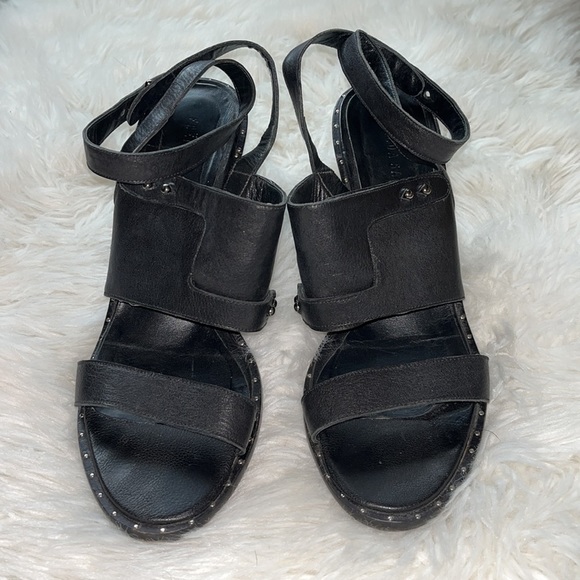 Freda Salvador Calfskin Go Strap Heeled Sandal Black Leather Block Heel Studded - Picture 8 of 11